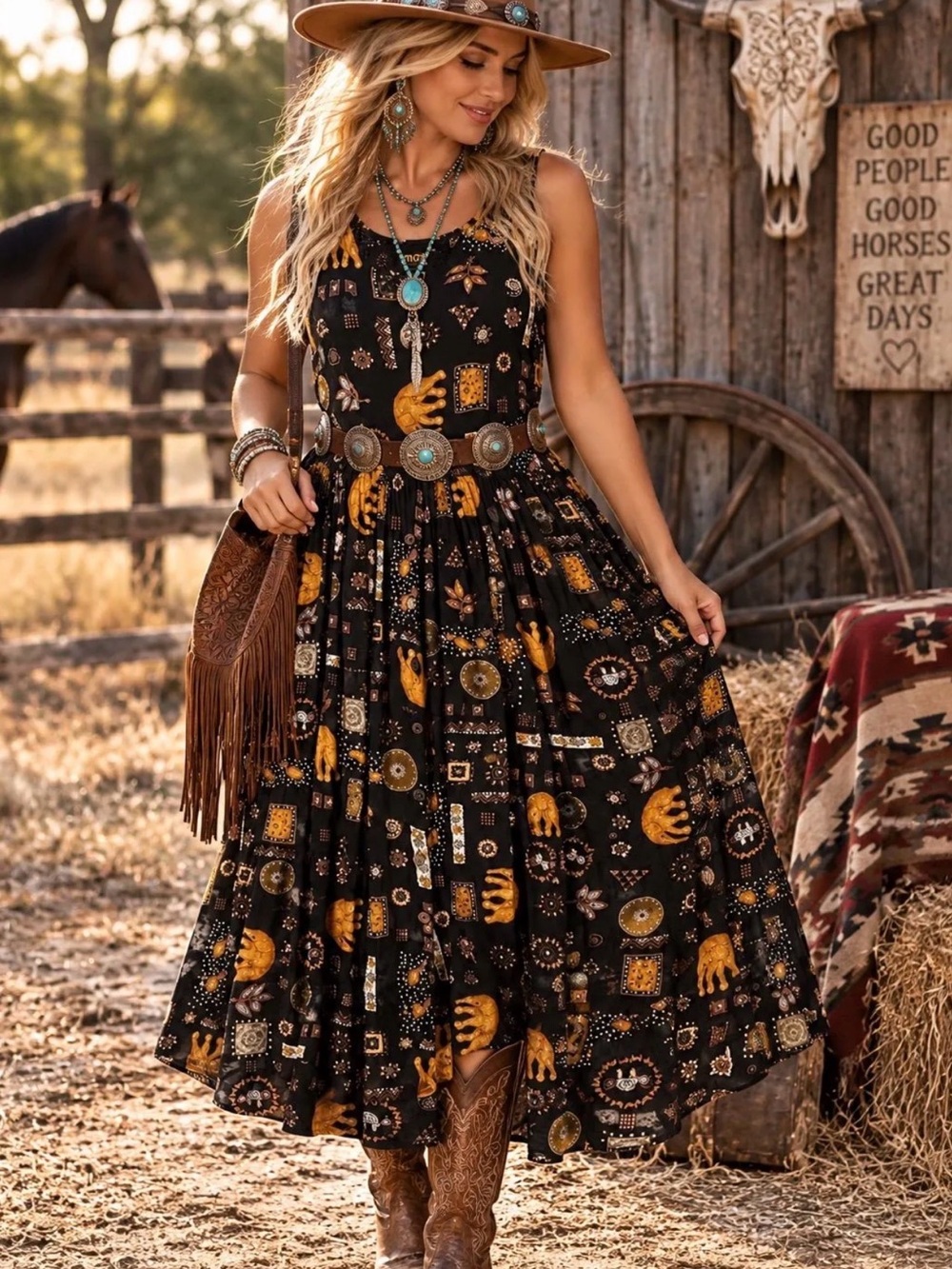 Vintage Bila Elephant Print Black Midi Dress Boho Western Small